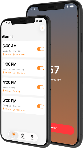 Walk to Wake app on two iPhones showing alarm setup and Start Mission