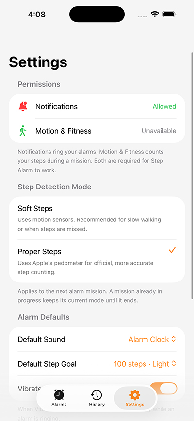 Walk to Wake app alarm settings